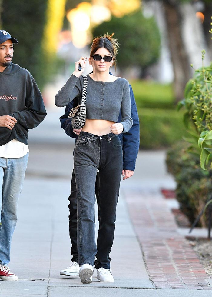 Kendall Jenner wearing two-tone black jeans